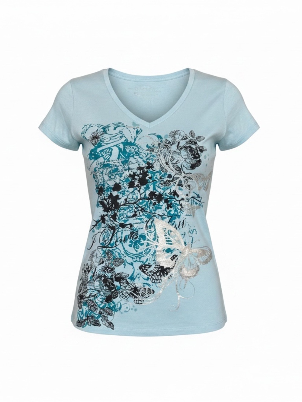 Guess Light Blue V-Neck Floral Butterfly Tee